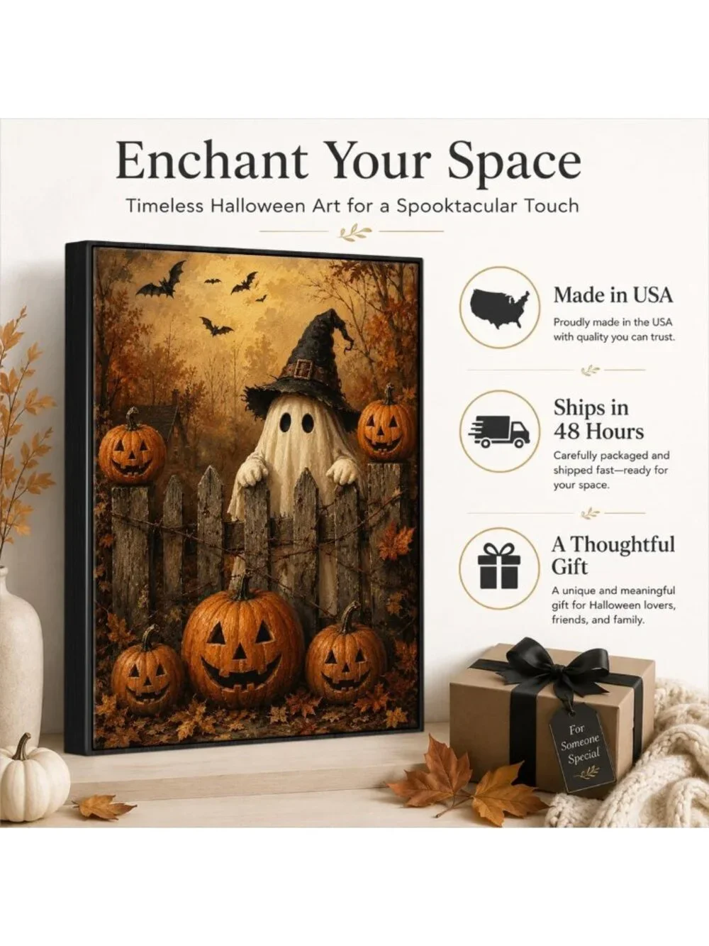 Cute Ghost & Pumpkin Halloween Framed Wall Art | Spooky Canvas Decor